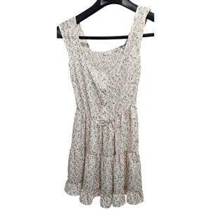 Romwe Floral Mini Dress Pink Cream Ditsy Flower Smocked Tiered Ruffle Womens S 4